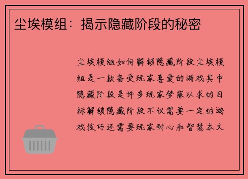 尘埃模组：揭示隐藏阶段的秘密
